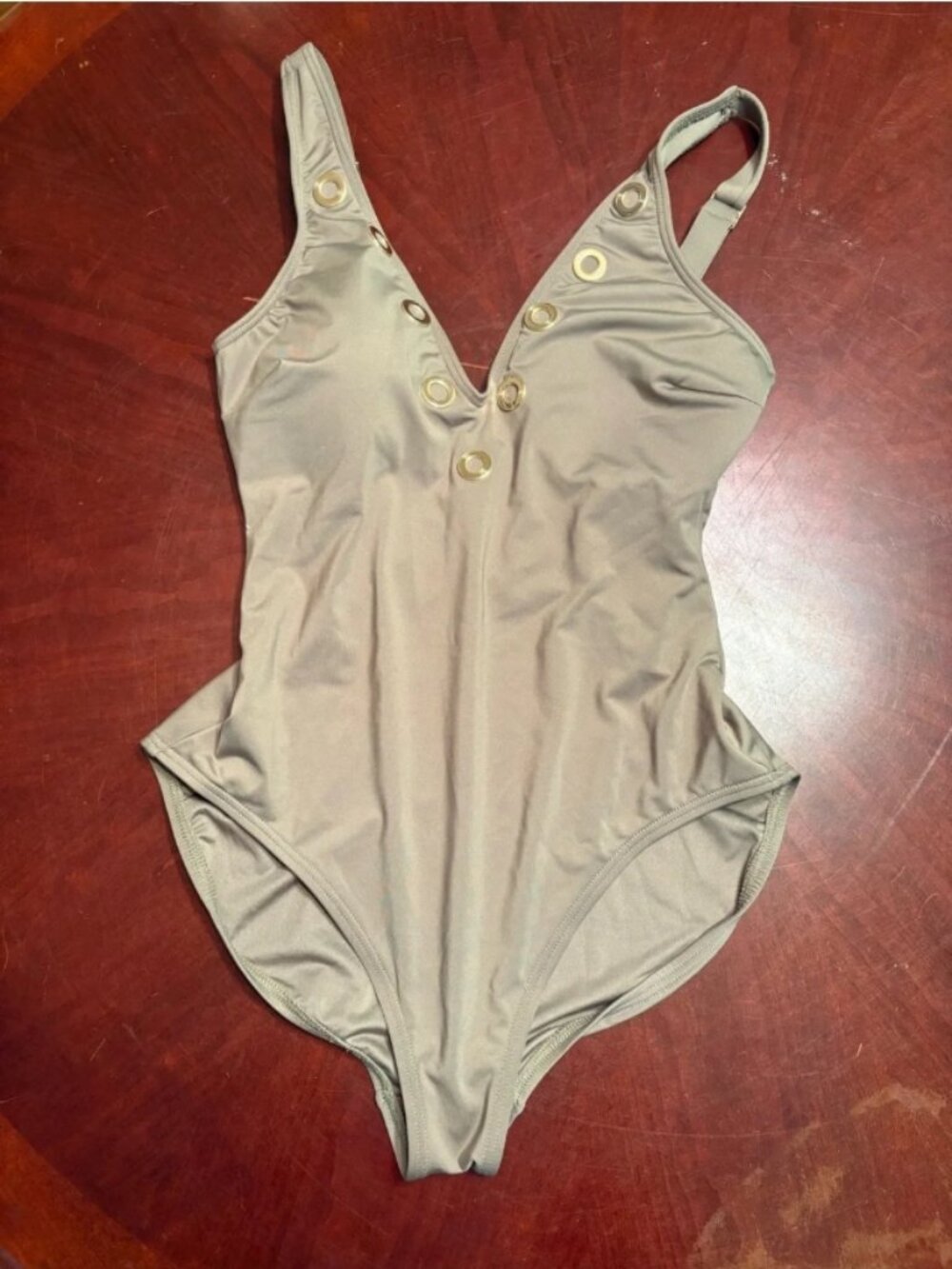 Michael Kors One Piece Swimsuit NWOT Size 10 Army Green Gold Grommet Plunge Neck